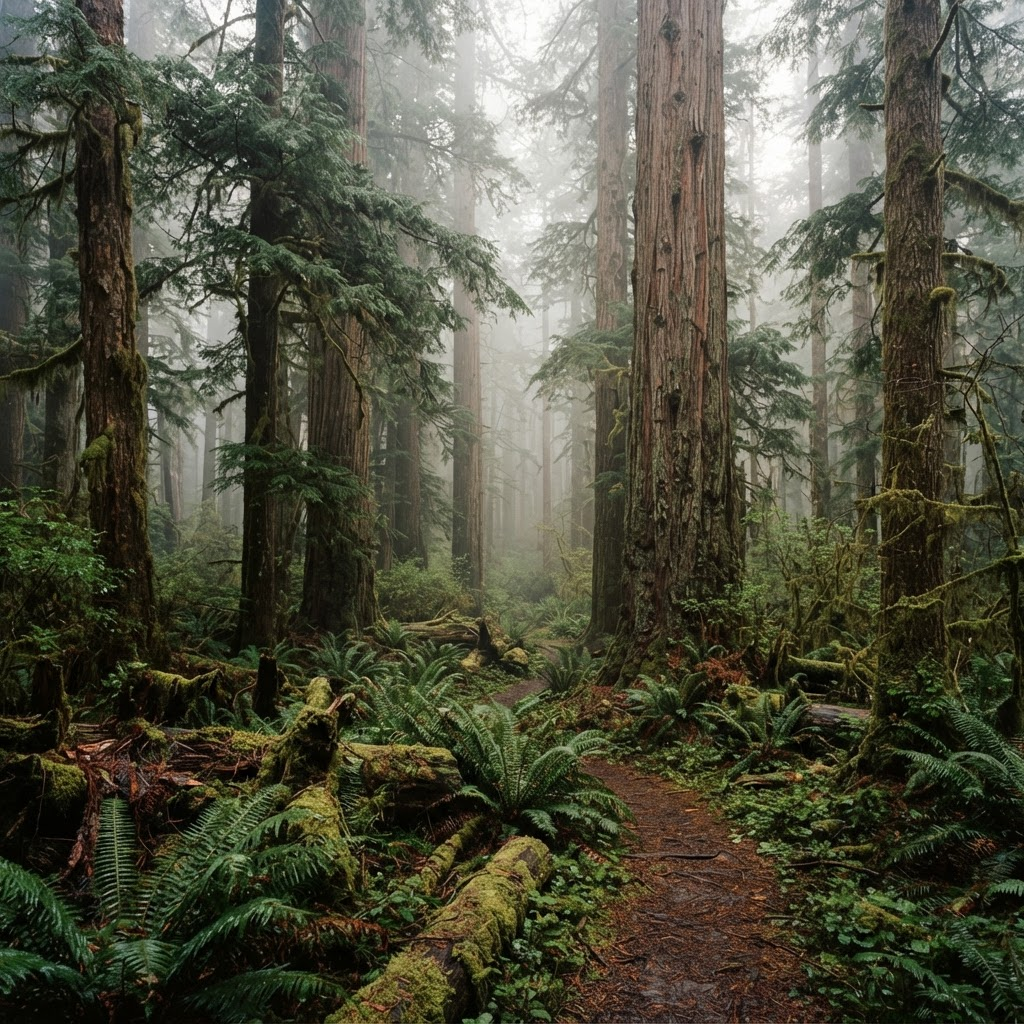 Misty Pacific Northwest old-growth forest